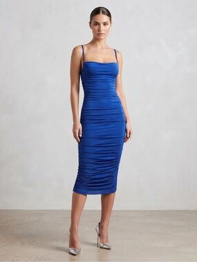 Blue Ruched Spaghetti Knee-Length Dress Size Medium